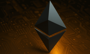 Futuristic 3D Ethereum logo glowing above a digital circuit background representing blockchain technology and network upgrades.