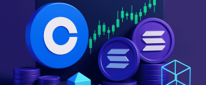 A detailed 3D digital illustration featuring the Coinbase and Solana logos surrounded by glowing tokens and a candlestick trading chart, symbolizing decentralized trading integration.