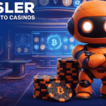 A 3D orange robot mascot standing with arms crossed next to casino chips and a roulette wheel, featuring the Bitsler logo and "Best Crypto Casinos" text against a dark blue background.