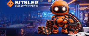 A 3D orange robot mascot standing with arms crossed next to casino chips and a roulette wheel, featuring the Bitsler logo and "Best Crypto Casinos" text against a dark blue background.