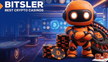 A 3D orange robot mascot standing with arms crossed next to casino chips and a roulette wheel, featuring the Bitsler logo and "Best Crypto Casinos" text against a dark blue background.