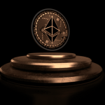 Ethereum coin on pedestal representing cryptocurrency investment and digital finance
