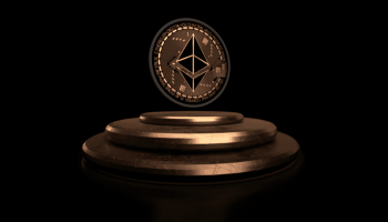 Ethereum coin on pedestal representing cryptocurrency investment and digital finance