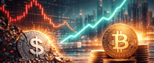 Crypto market chart showing Bitcoin growth and stablecoin crash trend in 2026