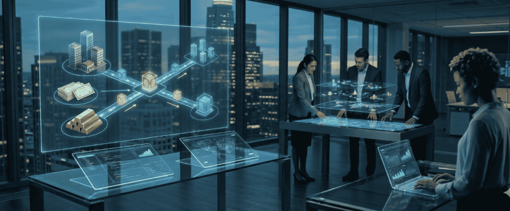 Digital visualization of real-world assets like gold, real estate, and currency being tokenized on a blockchain interface within a modern institutional office setting.