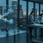 Digital visualization of real-world assets like gold, real estate, and currency being tokenized on a blockchain interface within a modern institutional office setting.