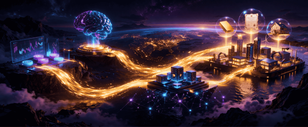 Futuristic illustration showing capital flow across crypto sectors including DeFi, AI, infrastructure, and tokenized real-world assets