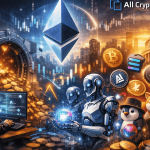 Futuristic crypto illustration showing Ethereum upgrade, AI tokens growth, DeFi hack, Solana memecoins, and global regulation themes