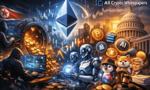Futuristic crypto illustration showing Ethereum upgrade, AI tokens growth, DeFi hack, Solana memecoins, and global regulation themes