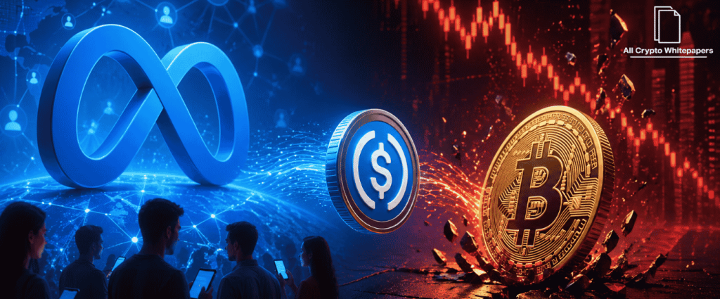 Meta stablecoin USDC payments and Bitcoin price drop chart illustration with crypto market volatility