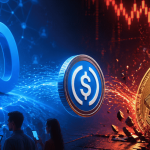 Meta stablecoin USDC payments and Bitcoin price drop chart illustration with crypto market volatility