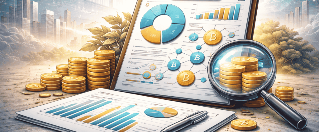 Crypto tokenomics analysis illustration showing coin stacks, financial charts, and magnifying glass evaluating cryptocurrency supply and distribution