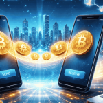 How crypto transactions work from wallet to blockchain illustrated with Bitcoin moving between mobile wallets across a decentralized network