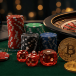 Crypto casino scene with Bitcoin coins, poker chips, dice, roulette wheel, and laptop showing online gambling interface