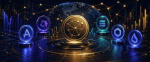 Futuristic DeFi and crypto ecosystem illustration featuring glowing digital tokens, blockchain networks, and a golden cryptocurrency coin in a high-tech financial environment.