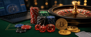 Crypto casino scene with Bitcoin coins, poker chips, dice, roulette wheel, and laptop showing online gambling interface