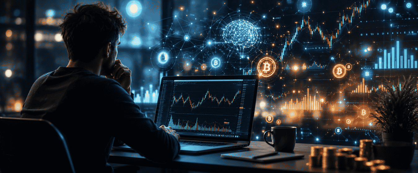 AI-powered crypto trading dashboard helping an investor analyze market signals and price trends.