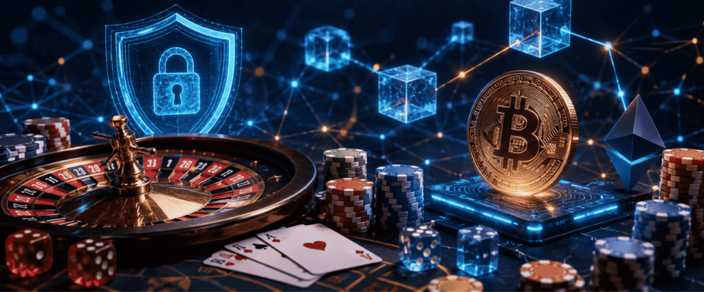Futuristic blockchain casino scene with a roulette wheel, poker chips, a Bitcoin coin, a digital blockchain network, and crypto gambling visuals.