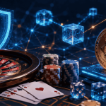 Futuristic blockchain casino scene with a roulette wheel, poker chips, a Bitcoin coin, a digital blockchain network, and crypto gambling visuals.