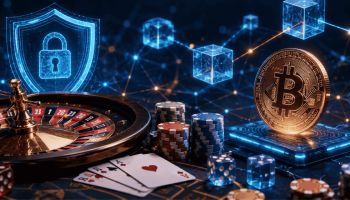 Futuristic blockchain casino scene with a roulette wheel, poker chips, a Bitcoin coin, a digital blockchain network, and crypto gambling visuals.