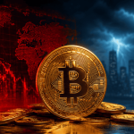 Bitcoin coin with red falling crypto charts and bearish market background symbolizing Bitcoin price crash and market volatility.