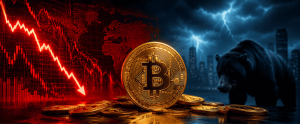 Bitcoin coin with red falling crypto charts and bearish market background symbolizing Bitcoin price crash and market volatility.