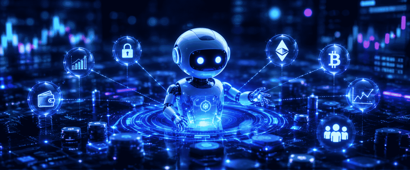 Futuristic AI robot connected to cryptocurrency and blockchain icons, representing AI agents managing digital assets and Web3 activities.