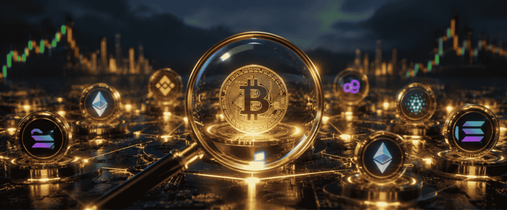 Magnifying glass highlighting Bitcoin and leading cryptocurrencies on a futuristic blockchain network, representing undervalued crypto projects and digital asset investment opportunities in 2026.