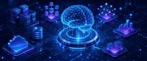 Futuristic AI and blockchain infrastructure concept featuring a glowing digital brain connected to decentralized computing networks, cloud systems, data nodes, and analytics platforms in a high-tech cyber environment.