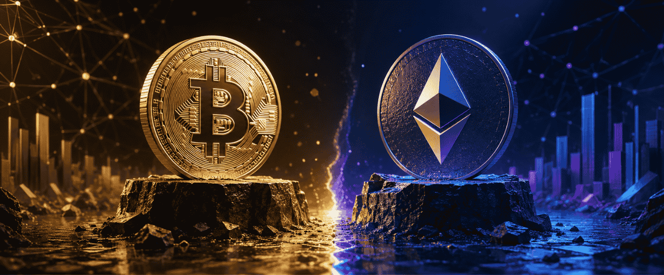 Ethereum vs Bitcoin Whitepaper Comparison. Bitcoin and Ethereum logos representing a comparison