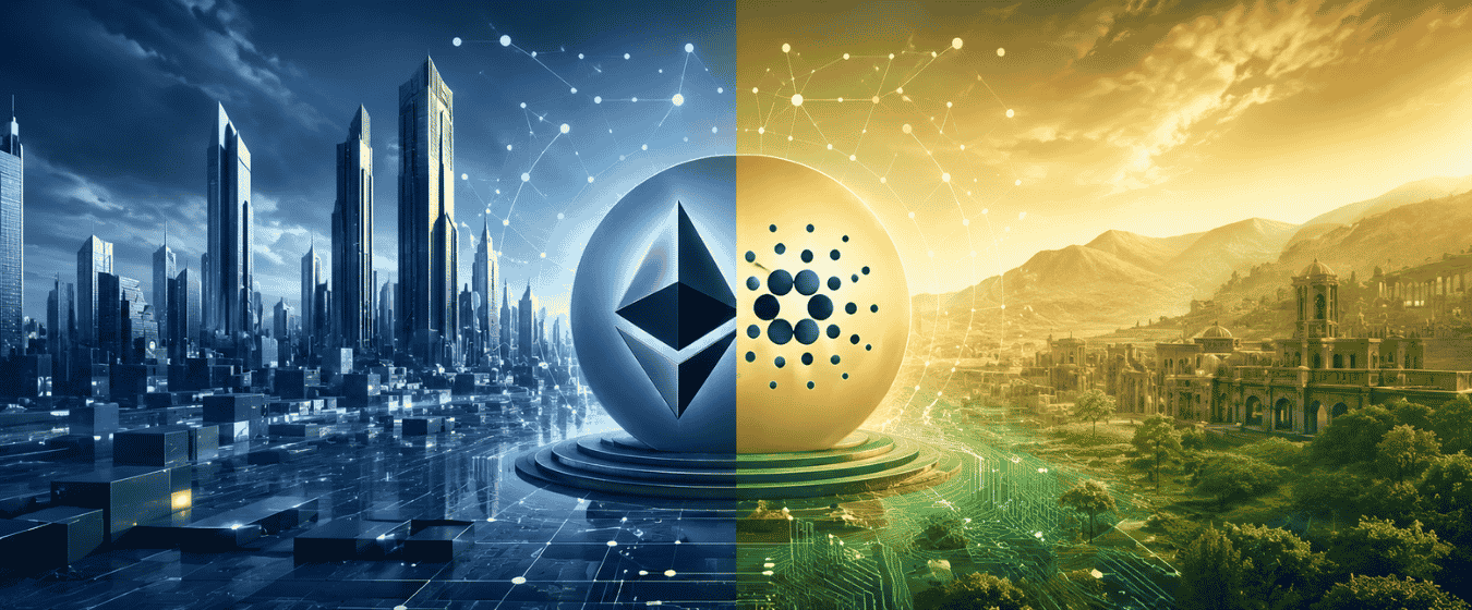 Illustration comparing Ethereum and Cardano blockchain architecture, tokenomics, and governance.