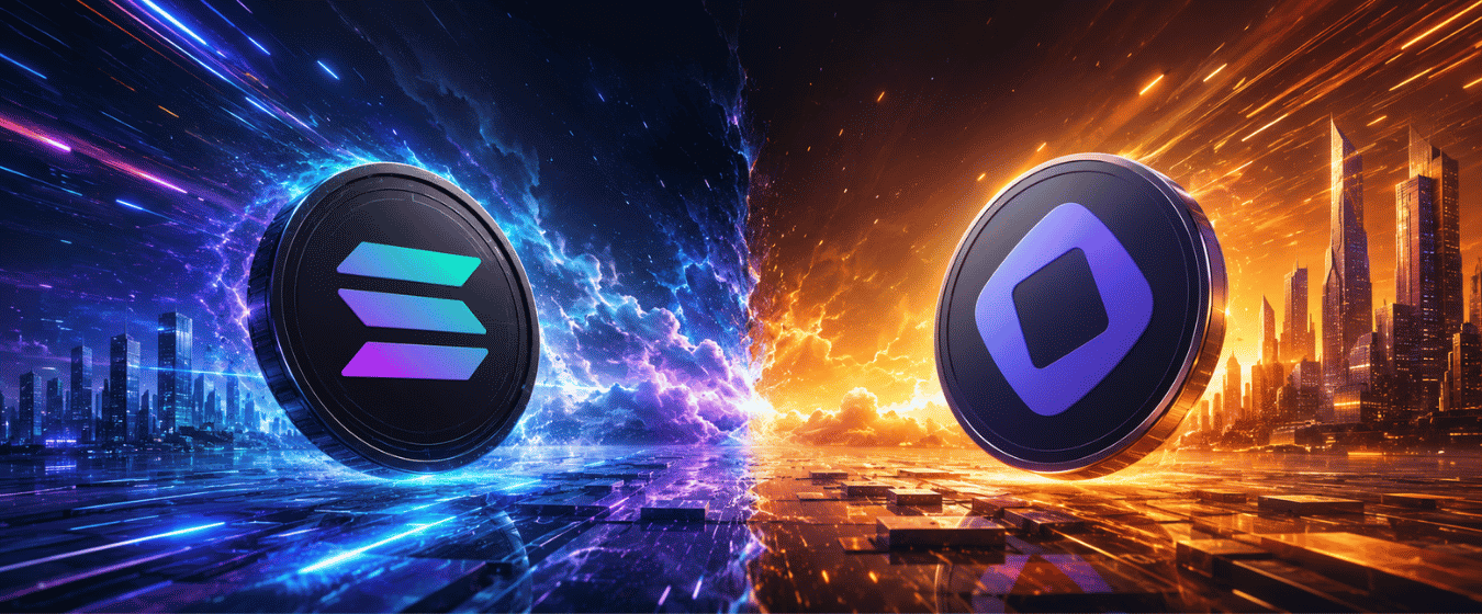 A futuristic comparison of Solana and Monad blockchain architectures highlighting speed, scalability, and next-generation Layer 1 innovation.