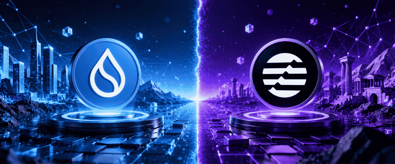 Futuristic illustration Sui vs Aptos Whitepaper Comparison with a split blue and purple digital landscape
