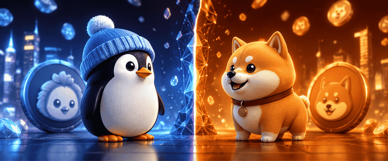 Pudgy Penguins (PENGU) vs BONK whitepaper comparison illustration showing the two Solana ecosystem projects.