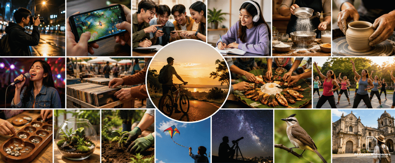 Colorful collage showing people enjoying different weekend activities including mobile gaming.