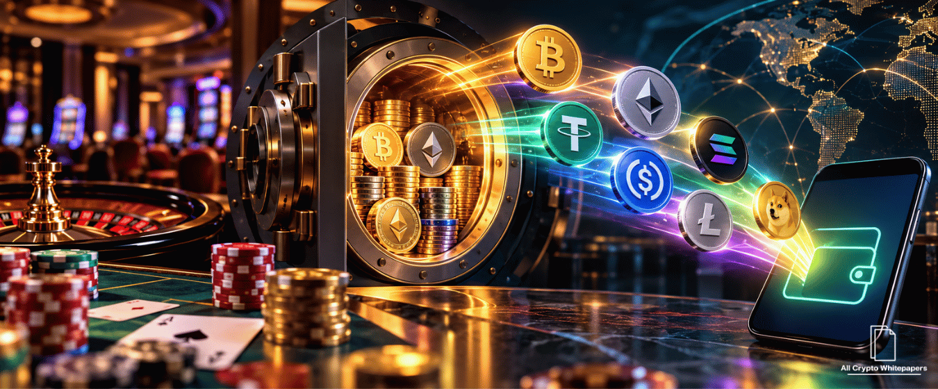Digital illustration of cryptocurrency liquidity flowing from a casino treasury vault into a crypto wallet, representing fast crypto casino withdrawals and payment infrastructure.