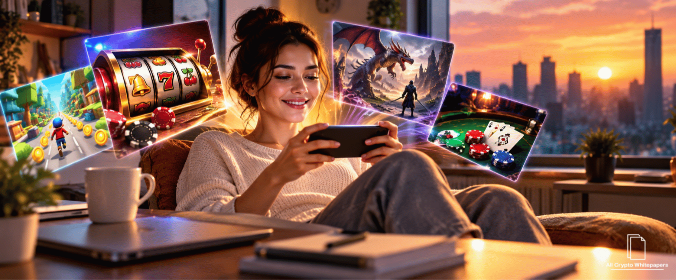 A woman relaxing on a sofa while playing online games on her smartphone.
